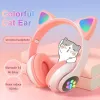 Headphone/Headset Cute Cat Ears Headphones Bluetooth Wireless Gaming Headset with Flashing LED Light Pink Stereo Music Earbud for Kids Girls Gift