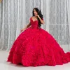 Kırmızı Balo Elbisesi Quinceanera Omuz Dantel Boncuklarından Kıyafetler Kristal Tull Tiers Corset Sweet 16 Vestidos De 15 Anos