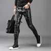 Pants New Men's Fashion Leather Pants Men Slim Fold Pencil Pants Korean Trends Nightclubs Tights Black Joggers Pu Autumn Trousers