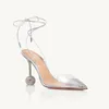 Klänningskor Summer Transparent PVC Rund Rhinestone Ball Heel Pumpar Crystal Borriced Pointed Toe Lace-up Clear High Wedding