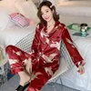 Kvinnors sömnkläder Summer Silk Satin Pyjamas Set Woman Printed Long Sleeve Pijamas Suit Female Sleep Two Piece Loungewear Plus Size