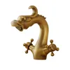 Badezimmer-Waschtischarmaturen, Drachen-Design, goldene Doppelgriff-Steuerung, antiker Wasserhahn, massives Messing, Bronze, Küchenwaschbecken-Mischbatterie