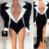 Stage Wear Luxury Shiny Diamond Bubble Long Sleeved White Collar Velvet Bodysuit Tail Dress Set Nightclub Bar Singer Model Walk