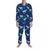 Men's Sleepwear White Horse Stars Pajamas Set Horses Trendy Blue Star Print Warm Men Long Sleeve Loose Bedroom 2 Piece Nightwear