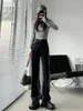 Jeans da donna a vita alta denim a tutta lunghezza pantaloni vintage americani a gamba larga svasati donna Y2k cravatta tinta a contrasto colore dritto moda