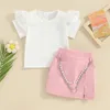 Clothing Sets Girls Summer 2 Piece Outfits White Short Sleeve Lace Ruffle Tops Pink Culottes Set