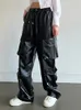 Calças femininas Weiyao Streetwear Cintura Alta PU Couro Reta Perna Calças Mulheres Preto Goth Techwear Multi-bolsos Carga Coreana