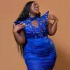 Plus Size Aso Ebi Cocktail Dresses Royal Blue High Neck Short Sleeves Beaded Lace Tassel Short Mini Dress Graducation Gowns Birthday Party Gown for Nigeria Women C040