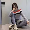 College Style TB Dog Knit for Women's Autumn New Contrasting Striped Sweater Pants Casual Sports Two-piece Set