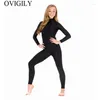 Bühnenkleidung Frauen Mock Neck Langarm Unitards Shiny Spandex Ganzkörper Unitard Dancewear Schwarze Gymnastik-Bodysuits für Herren
