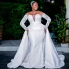 Свадебное платье русалки Aso Ebi для невесты Свадебные платья больших размеров со съемным шлейфом и длинными рукавами, кружевное свадебное платье с аппликацией и бисером для черных девушек NW118