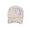 Ball Caps Fashion Adjustable Heart Shaped Rhinestones Studded Peaked Cap Hat Four Seasons Baseball Pearl Peach For Women