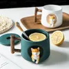 Criativo bonito artesanal shiba inu caneca com tampa colher cerâmica canecas de cachorro copo personalizado para café chá cozinha utensílios de mesa amor presente l263i