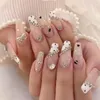 False Nails 24Pcs Strawberry Press On 3D Heart Pearl Decorated Nail Art Removable Waterproof Artificial Wearable Tips