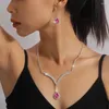 Ketting Oorbellen Set Luxe Rose Rood Waterdruppel Kristal Voor Vrouwen Verklaring Koninklijke CZ Zirkonia Bruidsbruiloft