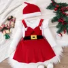 Kläder sätter spädbarn baby flicka jultomten kläder fast färg långärmad romper ärmlös bågklänning knuten hatt jul