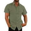 Stretch Short Sleeve Shirt with Pockets Cotton Linen Men Summer Solid Color StandUp Collar Casual Beach Style Male Shirts 240219