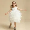 White Princess Flower Girls Dress For 2023 Spring Summer Sling Lace Cake Layers Tulle Children Birthday Party Gown 38Yrs 240223
