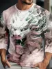 Mäns T-skjortor Spring och Autumn 3D Digital Dragon Tryckt mönster Lång ärm Runda hals Casual T-shirt Toppar tvättade grafiska tees