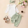 Conjuntos de roupas primavera infantil bebê meninas calças branco manga longa plissado macacão margarida impressão cinto faixa de cabeça outono