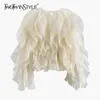 TWOTWINSTYLE Ruffles Shirts For Women O Neck Lantern Sleeve Loose Pullover Summer Blouse Female Fashion Style Clothing 240220