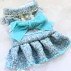Dog Apparel Handmade Luxury Winter Dress Coat Pet Clothes Paris Sky Blue Thickened Gold Thread Tweed Velvet Bow Holiday Party Yorkie