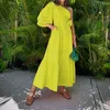 Urban Professional Vibes Linnen Blend Midi -jurk in mandarijn met elegante bubbelmouwen AST181888