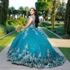 Green Glitter Quinceanera Dress Ball Funt off the ramion koronkowy aplikacja Kryształ Kryształ Tull Mexican Sweet Vestidos de 15 anos