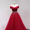 Gorgeous Dark Red Ball Gown Real Pictures Prom Dresses Off Shoulder Lace-up Back Long Evening Dress Pleats Tulle Sweep Train Beads Sequined Peplum