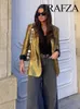 Trafza Autumn Women Fashion Gold Blazer Retro V Neck Party Button Up Womens Pocket Casual Blazer Chic Top 240220