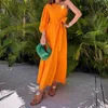 Urban Professional Vibes Linnen Blend Midi -jurk in mandarijn met elegante bubbelmouwen AST181888