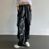 Calças femininas Weiyao Streetwear Cintura Alta PU Couro Reta Perna Calças Mulheres Preto Goth Techwear Multi-bolsos Carga Coreana