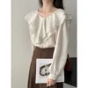 Blusas femininas outono camisa plissado colarinho solto manga longa topo coreano suave elegante deslocamento feminino