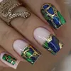 Falska naglar 24st Blue Ink Halo Gold Foil Design Press On Nail Wearable Square Head Artificial Fake Manicure Patches