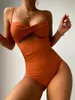 Damen-Bademode, Falten-Badeanzug, einteiliger Badeanzug für Frauen, 2024, solider Monokini, verdrehter Badeausschnitt, Body, sexy Badende