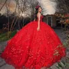 Robe De bal rouge en dentelle pailletée à fleurs 3D, robes De Quinceanera avec Cape Corset, 16 robes De XV Anos
