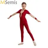 Stage Wear Kids Meisjes Turnpakje Gymnastiek Unitard Ballet Dans Kostuum Lange Mouw Mesh Patchwork Jumpsuit Schaatsen Gym Prestaties Danskleding