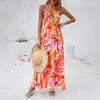 Abiti casual Abito lungo lungo senza schienale per le donne Scollo a V floreale Halter Split Boho Viaggio Bohemian Ladies Abiti Para Mujer S-XL