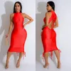 Abiti casual 2024 Indietro Aperto senza maniche Donna Sexy Midi Party Dress Increspato Draw String Backless Solid Bodycon Night Club Nero Rosso Bianco