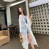 Maillots de bain pour femmes Femmes Loose Beach Cover Up Dentelle Boho Sexy Hollow Out Summer Casual Blanc Mesh Fleur Broderie See-through Longueur du genou