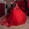 Robe De bal rouge en dentelle pailletée à fleurs 3D, robes De Quinceanera avec Cape Corset, 16 robes De XV Anos
