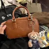 Women's Fashion Retro Genuine Leather Square Bowling Ball Boston Pillow Bag Single Shoulder Crossbody Bag Handbag Makeup Bag Travel