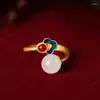 Cluster Rings Original Design Gilt Hetian Jade Ring Enamel Red Stone Auspicious Clouds For Women Chinese Style Gold Plated Wedding Open