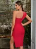 Casual Dresses Red Women's Sleeveless Sexy One Shoulder Skinny Mid Length Bandage Dress 2024 Elegant Fashion Men Body Tight Party Vestido