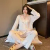 Spring New Pajamas Women's Ice Silk Long Sleeve Cream Fadou Home Fury Set Soft and Comfortable