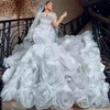 2024 Arabe Aso Ebi Blanc Robe De Mariée Sirène Sheer Cou Perles Cristaux Dentelle Train Détachable Robes De Mariée Robes Robe De Noiva