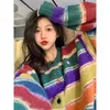 MEXZT Rainbow Striped Knitted Cardigan Women Harajuku Oversized Sweater Coat Vintage Streetwear Loose Knitwear Casual Jumpers 240219