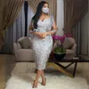 Gümüş Lüks Nijerya Kokteyl Elbiseleri Afrikalı Arap T uzunluk Kısa Balo Elbiseleri Uzun Kollu Boncuk Dantelli Olgu Elbise Afrika Siyah Kadınlar C038