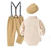 Für Baby-Jungen-Kleidungssets, Kleinkind-Gentleman-Stile, Outfits, Baby-Anzug, Strampler + Hosen + Hüte + Fliege + Träger, 3–24 Monate