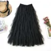 Saias 2024 Moda Feminina Tutu Tulle Saia Mulheres Long Maxi Primavera Verão Coreano Preto Rosa Cintura Alta Plissada Feminina